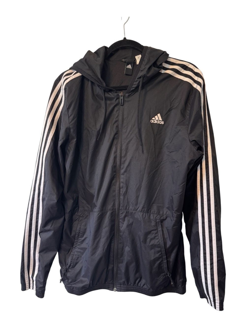adidas Black Hooded Soccer Windbreaker White Three-Stripe Accents Sz Medium